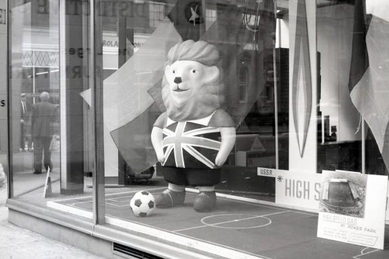 The town had a cosmopolitan feel in July 1966 when the Russians, Chillians and Italians visited for the World Cup and the World Cup mascot stood proud in the Gas Office showrooms in Fawcett Street. Picture courtesy of local historian Bill Hawkins.