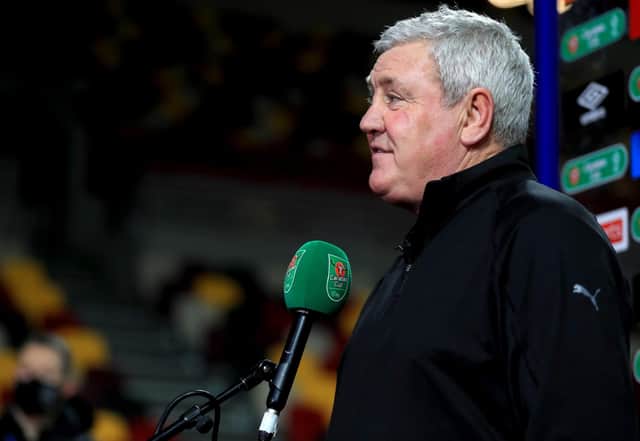Newcastle United head coach Steve Bruce is interviewed before the club's Carabao Cup tie against Brentford.