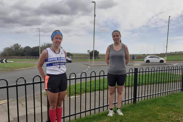 Fay Carter, left, and co-runner Vikki Wiltshire began and ended their virtual Great North Run in their home town of South Shields.