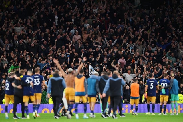 Newcastle United supporters and team alike celebrate their win over Tottenham Hotspur (Photo by Justin Setterfield/Getty Images)