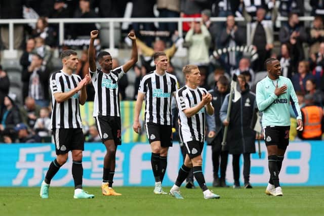 Alexander Isak of Newcastle United celebrates with teammates after the team's victory in the Premier League match between Newcastle United and Southampton FC at St. James Park on April 30, 2023 in Newcastle upon Tyne, England. (Photo by Matt McNulty/Getty Images)
