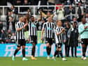 Alexander Isak of Newcastle United celebrates with teammates after the team's victory in the Premier League match between Newcastle United and Southampton FC at St. James Park on April 30, 2023 in Newcastle upon Tyne, England. (Photo by Matt McNulty/Getty Images)