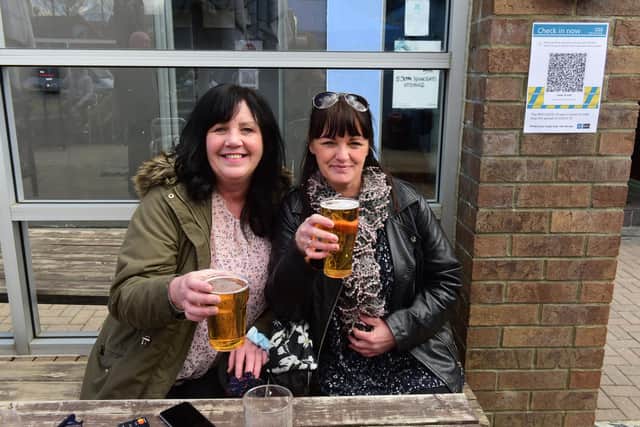 Friends Lesley Dickman and Claire Todd enjoying a drink at the Clover & Wolf, South Shields on Monday.