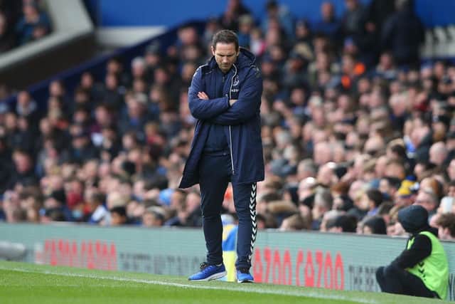 Frank Lampard, Manager of Everton reacts during the Premier League match between Everton and Wolverhampton Wanderers at Goodison Park on March 13, 2022 in Liverpool, England. (Photo by Alex Livesey/Getty Images)