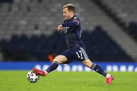 Ryan Fraser of Scotland controls the ball during the FIFA World Cup 2022 Qatar qualifying match between Scotland and Faroe Islands on March 31, 2021 in Glasgow, Scotland.