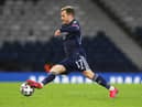 Ryan Fraser of Scotland controls the ball during the FIFA World Cup 2022 Qatar qualifying match between Scotland and Faroe Islands on March 31, 2021 in Glasgow, Scotland.
