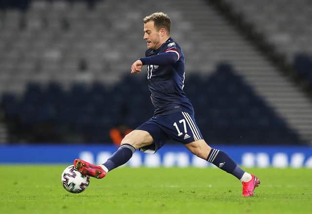 Ryan Fraser of Scotland controls the ball during the FIFA World Cup 2022 Qatar qualifying match between Scotland and Faroe Islands on March 31, 2021 in Glasgow, Scotland.