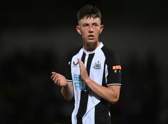 Joe White of Newcastle looks on during the pre-season friendly between Burton Albion and Newcastle United at the Pirelli Stadium on July 30, 2021 in Burton-upon-Trent, England. (Photo by Michael Regan/Getty Images)