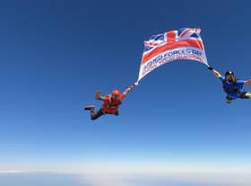 Still showing the Armed Forces Day flag starting its journey, courtesy of Sky-High Skydiving at Shotton Colliery.