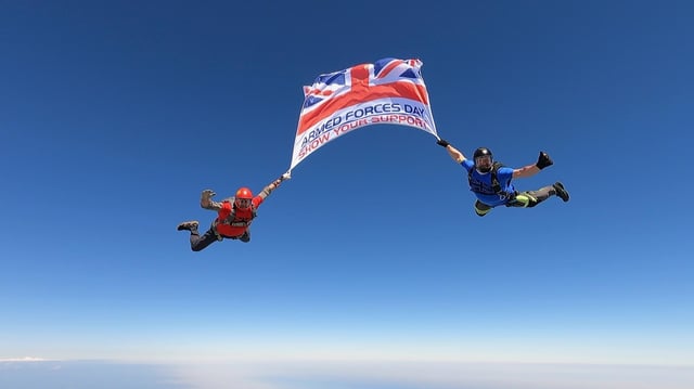 Still showing the Armed Forces Day flag starting its journey, courtesy of Sky-High Skydiving at Shotton Colliery.