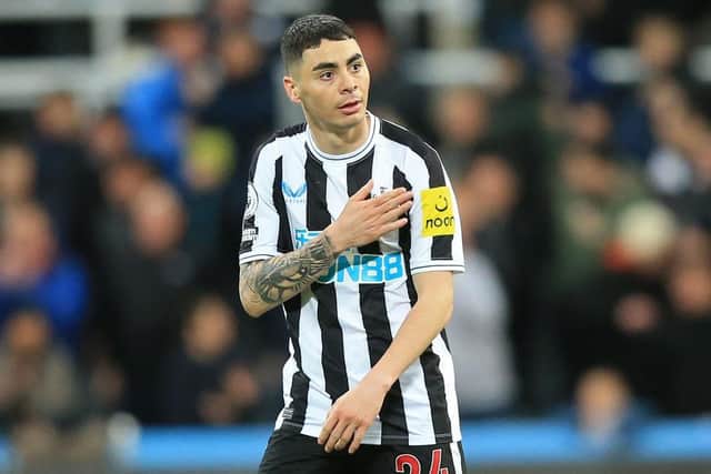 Newcastle United's Paraguayan midfielder Miguel Almiron celebrates on the pitch after the English Premier League football match between Newcastle United and Wolverhampton Wanderers at St James' Park in Newcastle-upon-Tyne, north-east England on March 12, 2023. (Photo by LINDSEY PARNABY/AFP via Getty Images)