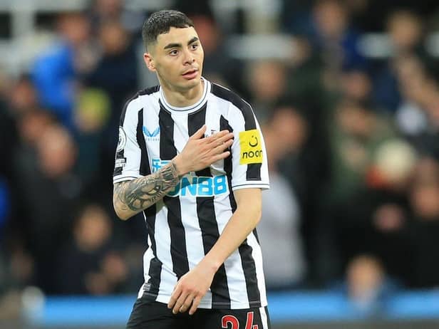 Newcastle United's Paraguayan midfielder Miguel Almiron celebrates on the pitch after the English Premier League football match between Newcastle United and Wolverhampton Wanderers at St James' Park in Newcastle-upon-Tyne, north-east England on March 12, 2023. (Photo by LINDSEY PARNABY/AFP via Getty Images)