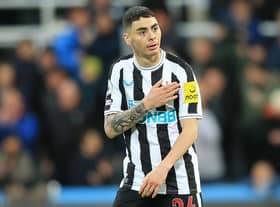 Newcastle United's Paraguayan midfielder Miguel Almiron celebrates on the pitch after the English Premier League football match between Newcastle United and Wolverhampton Wanderers at St James' Park in Newcastle-upon-Tyne, north-east England on March 12, 2023. (Photo by LINDSEY PARNABY/AFP via Getty Images)