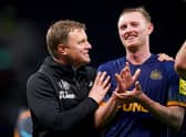 Newcastle United head coach Eddie Howe celebrates this month's win over Tottenham Hotspur with Sean Longstaff.