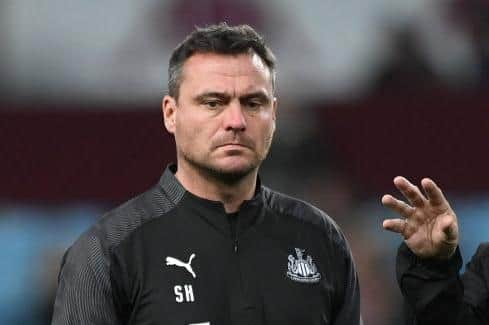 Newcastle coach Steve Harper (l) and Steve Agnew chat during the warm up before the Premier League match between Aston Villa and Newcastle United at Villa Park on November 25, 2019 in Birmingham, United Kingdom. (Photo by Stu Forster/Getty Images)