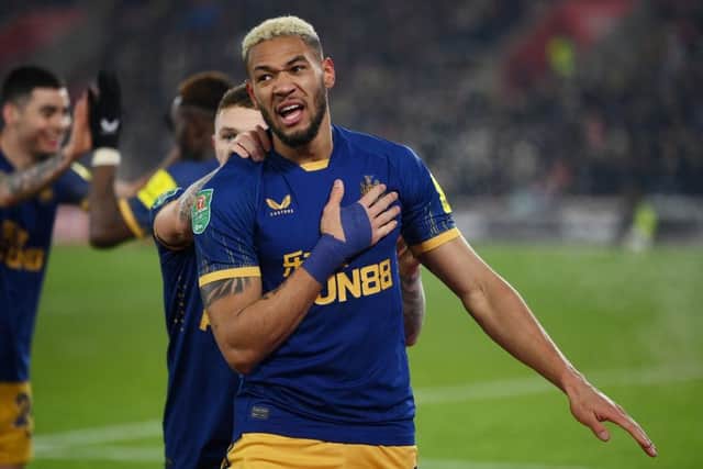 Newcastle United's Joelinton celebrates scoring the winner.