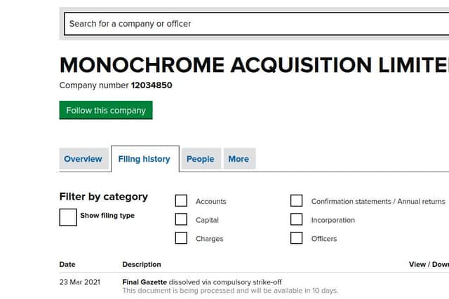 The Companies House update filed today in relation to the BZG takeover company 'Monochrome Acquisition Limited'.