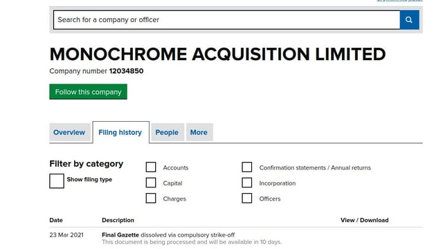 The Companies House update filed today in relation to the BZG takeover company 'Monochrome Acquisition Limited'.