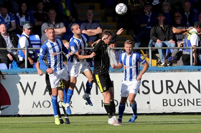 Hartlepool United's Jamie Sterry heads clear from defence   during the Sky Bet League 2 match between Hartlepool United and Bristol Rovers at Victoria Park, Hartlepool on Saturday 11th September 2021. (Credit: Mark Fletcher | MI News)