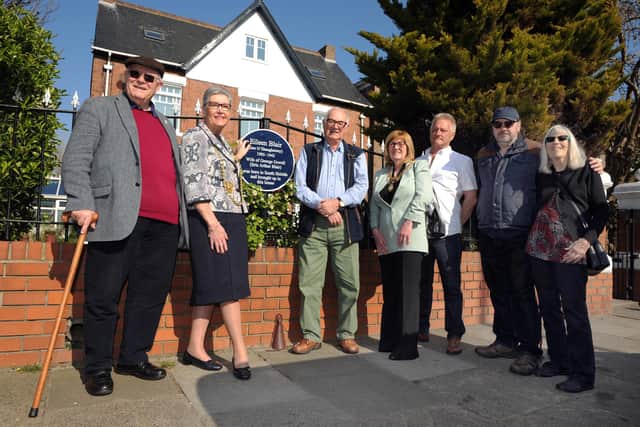 Mayor of South Tyneside Cllr Pat Hay and Mayoress Mrs Jean Copp unveil a Blue Plaque honouring Eileen Blair, at Westgate House, Beach Road, South Shields, with Orwell Society's Quentin Kopp and Richard Blair.