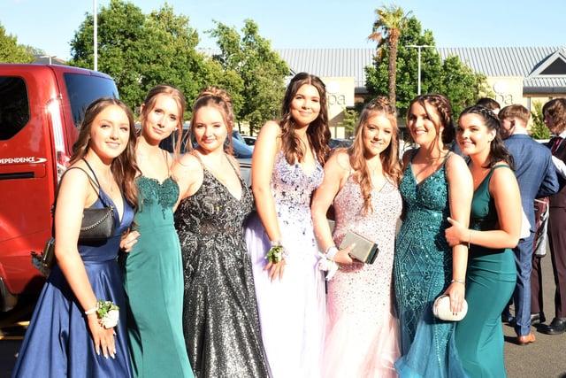 Year 11 girls in their prom dresses outside the Ramside Hall Hotel.