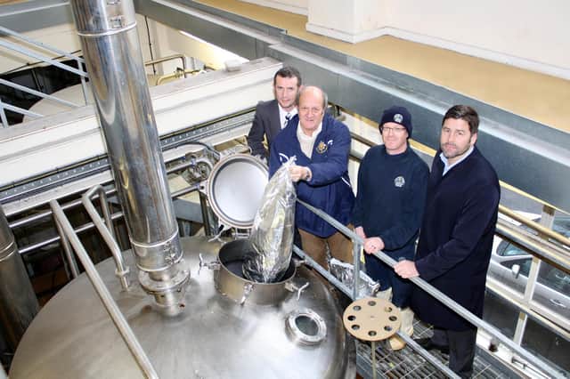 Undated handout photo issued by Castle Rock Brewery of (left to right) Notts County's bar manager David McKenna, competition winner Eric Jackson, Castle Rock brewer and Notts County supporter Garry Gibbens and Notts County's CEO Jim Rodwell during the brewing process of the real ale 'Pie Eyed 150' atCastle Rock Brewery in Nottingham, the ale has gone on sale at the Meadow Lane ground and at pubs across the East Midlands to help mark the 150 year milestone in the history of Notts County, the world's oldest football league club. PRESS ASSOCIATION Photo. Issue date: Tuesday January 3, 2012. See PA story CONSUMER Ale. Photo credit should read: Castle Rock Brewery/PA WireNOTE TO EDITORS: This handout photo may only be used for editorial reporting purposes for the contemporaneous illustration of events, things or the people in the image or facts mentioned in the caption. Reuse of the picture may require further permission from the copyright holder.
