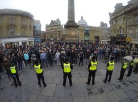 Police form a barrier between rival protesters in Newcastle city centre. Photo credit: North News and Pictures