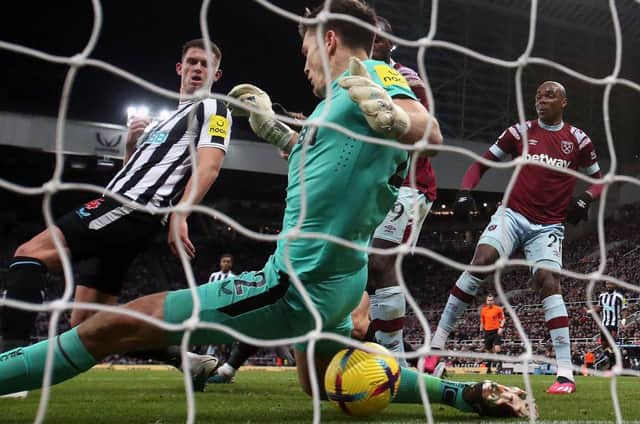 Nick Pope of Newcastle United is beaten by the shot of Lucas Palmieri of West Ham United during the Premier League match between Newcastle United and West Ham United at St. James Park on February 04, 2023 in Newcastle upon Tyne, England. (Photo by Ian MacNicol/Getty Images)