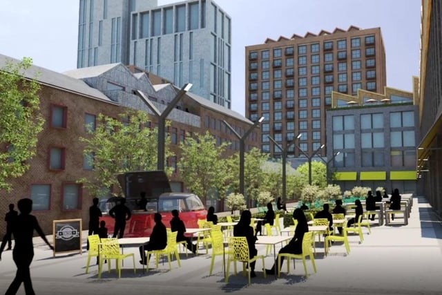 A CGI image - a screenshot from a fly-through video of Mesters' Village - showing an outdoor space on Headford Street.