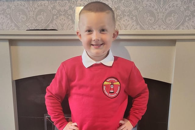 Back to school in South Tyneside. Mason strikes a pose ready for his first day in Reception.
