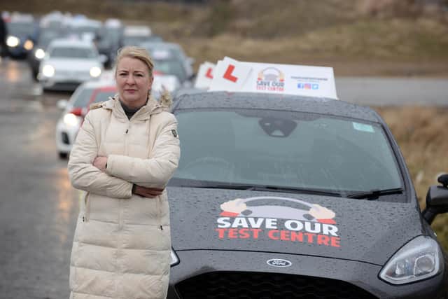 Approved driving instructor and organiser Vikky Holt at the start of the driving protest convoy over the closure of the South Shields Driving Standards Agency depot.