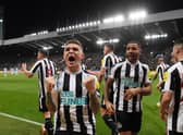 Kieran Trippier of Newcastle United celebrates after teammate Sean Longstaff scored their side's first goal during the Carabao Cup Semi Final 2nd Leg match between Newcastle United and Southampton at St James' Park on January 31, 2023 in Newcastle upon Tyne, England. (Photo by Stu Forster/Getty Images)