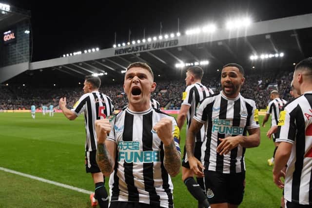 Kieran Trippier of Newcastle United celebrates after teammate Sean Longstaff scored their side's first goal during the Carabao Cup Semi Final 2nd Leg match between Newcastle United and Southampton at St James' Park on January 31, 2023 in Newcastle upon Tyne, England. (Photo by Stu Forster/Getty Images)