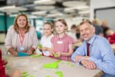 Primary STEM Day students with North East STEM Foundation Chair, Tania Cooper MBE, and Tom Dower, UTC South Durham principal and trustee at the North East STEM Foundation.