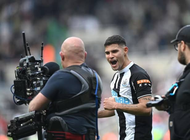 Newcastle player Bruno Guimaraes celebrates to the Mobile Television camera after scoring the winning goal during the Premier League match between Newcastle United and Leicester City at St. James Park on April 17, 2022 in Newcastle upon Tyne, England. (Photo by Stu Forster/Getty Images)