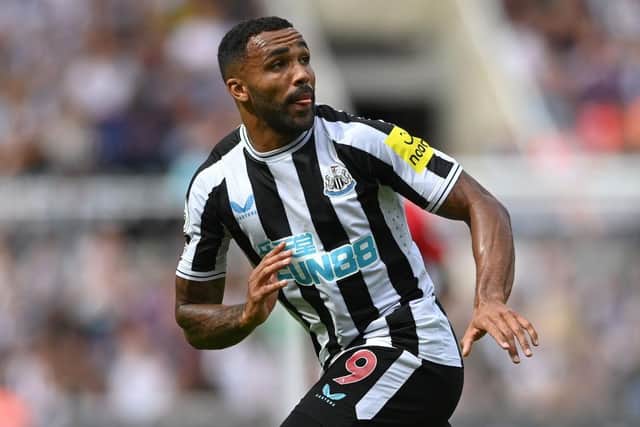 Newcastle United player Callum Wilson in action during the Premier League match between Newcastle United and Nottingham Forest at St. James Park on August 06, 2022 in Newcastle upon Tyne, England. (Photo by Stu Forster/Getty Images)