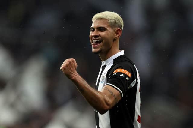 Bruno Guimaraes celebrates Newcastle United's win over Arsenal last month.