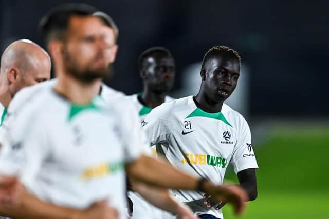 Australia's forward Garang Kuol takes part in a training session at the Aspire Academy in Doha on November 17, 2022, ahead of the Qatar 2022 World Cup football tournament. (Photo by CHANDAN KHANNA / AFP) (Photo by CHANDAN KHANNA/AFP via Getty Images)