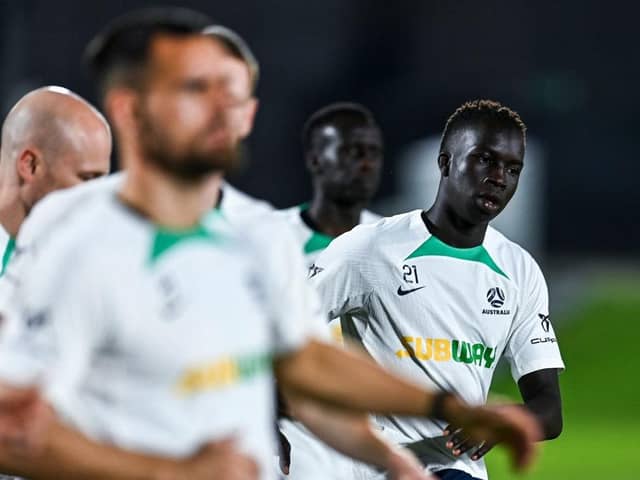 Australia's forward Garang Kuol takes part in a training session at the Aspire Academy in Doha on November 17, 2022, ahead of the Qatar 2022 World Cup football tournament. (Photo by CHANDAN KHANNA / AFP) (Photo by CHANDAN KHANNA/AFP via Getty Images)
