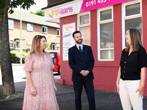 from left) Nicola Whalen, joint managing director of Bright Futures, Stewart Nicol, manager at Newcastle Building Society's South Shields branch, and Bright Futures project worker Ellen Donaghy