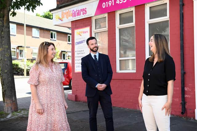 from left) Nicola Whalen, joint managing director of Bright Futures, Stewart Nicol, manager at Newcastle Building Society's South Shields branch, and Bright Futures project worker Ellen Donaghy