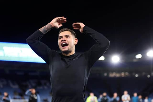 Newcastle United midfielder Bruno Guimaraes celebrates yesterday's win over Leicester City.