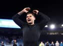 Newcastle United midfielder Bruno Guimaraes celebrates yesterday's win over Leicester City.