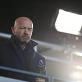 Football pundit and former England player Alan Shearer is seen during the English Premier League football match between Leeds United and Sheffield United at Elland Road in Leeds, northern England on April 3, 2021.