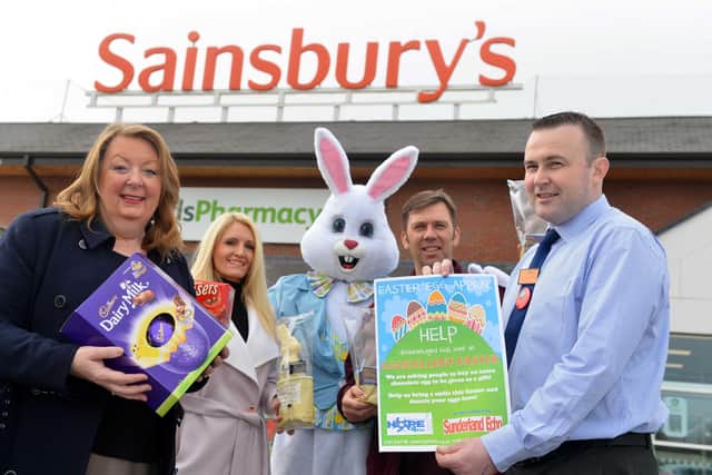 Sunderland Echo and Hope 4 Kidz Easter Egg appeal.
From left charity Viv Watts, charity trustee Sharon Downey, Dom Young as Bunny, Sainsbury Rob Fraser and Sainsbury deputy manager Andy Smith