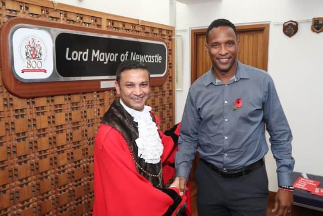 Lord mayor of Newcastle, Habib Rahman, and ex-NUFC goalkeeper Shaka Hislop (Image: Newcastle City Council)