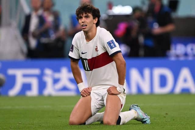 Portugal's forward #11 Joao Felix reacts during the Qatar 2022 World Cup quarter-final football match between Morocco and Portugal at the Al-Thumama Stadium in Doha on December 10, 2022. (Photo by Kirill KUDRYAVTSEV / AFP) (Photo by KIRILL KUDRYAVTSEV/AFP via Getty Images)