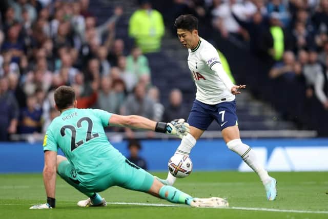 Nick Pope of Newcastle United makes a save from Son Heung-Min of Tottenham Hotspur during the Premier League match between Tottenham Hotspur and Newcastle United at Tottenham Hotspur Stadium on October 23, 2022 in London, England. (Photo by Julian Finney/Getty Images)