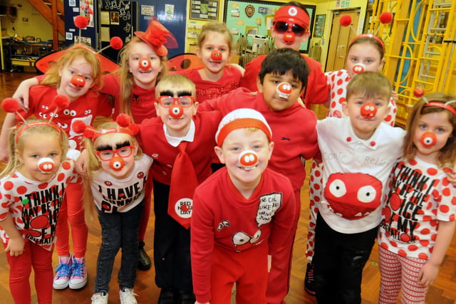 Youngsters from Hedworth Lane Primary School looked the part for Red Nose Day in 2015.