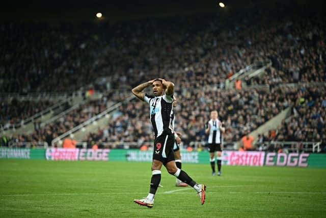 TOPSHOT - Newcastle United's English striker Callum Wilson reacts after failing to score during the English Premier League football match between Newcastle United and Arsenal at St James' Park in Newcastle-upon-Tyne, north east England on May 16, 2022. (Photo by OLI SCARFF/AFP via Getty Images)